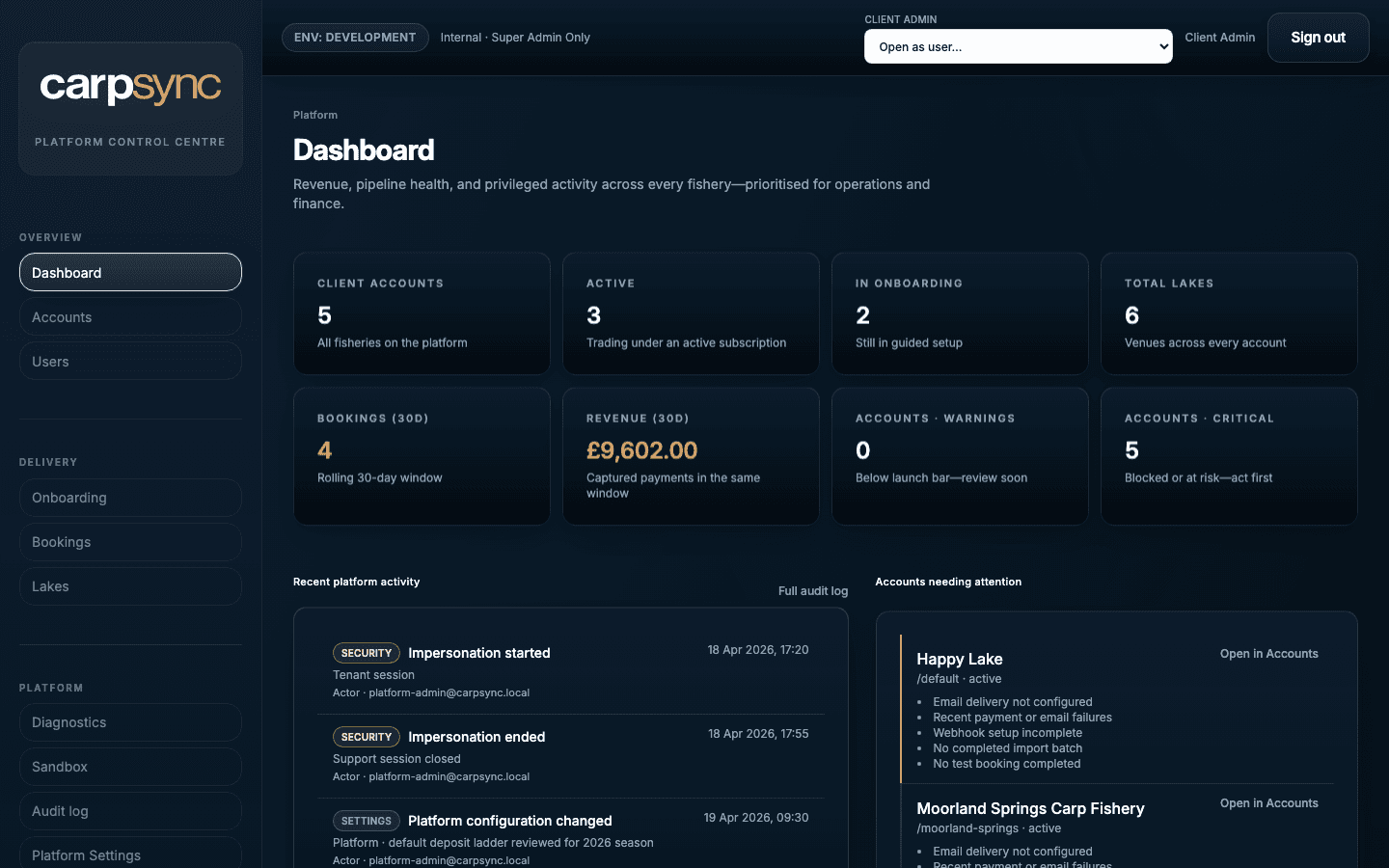 CarpSync mobile admin dashboard with bookings and revenue overview