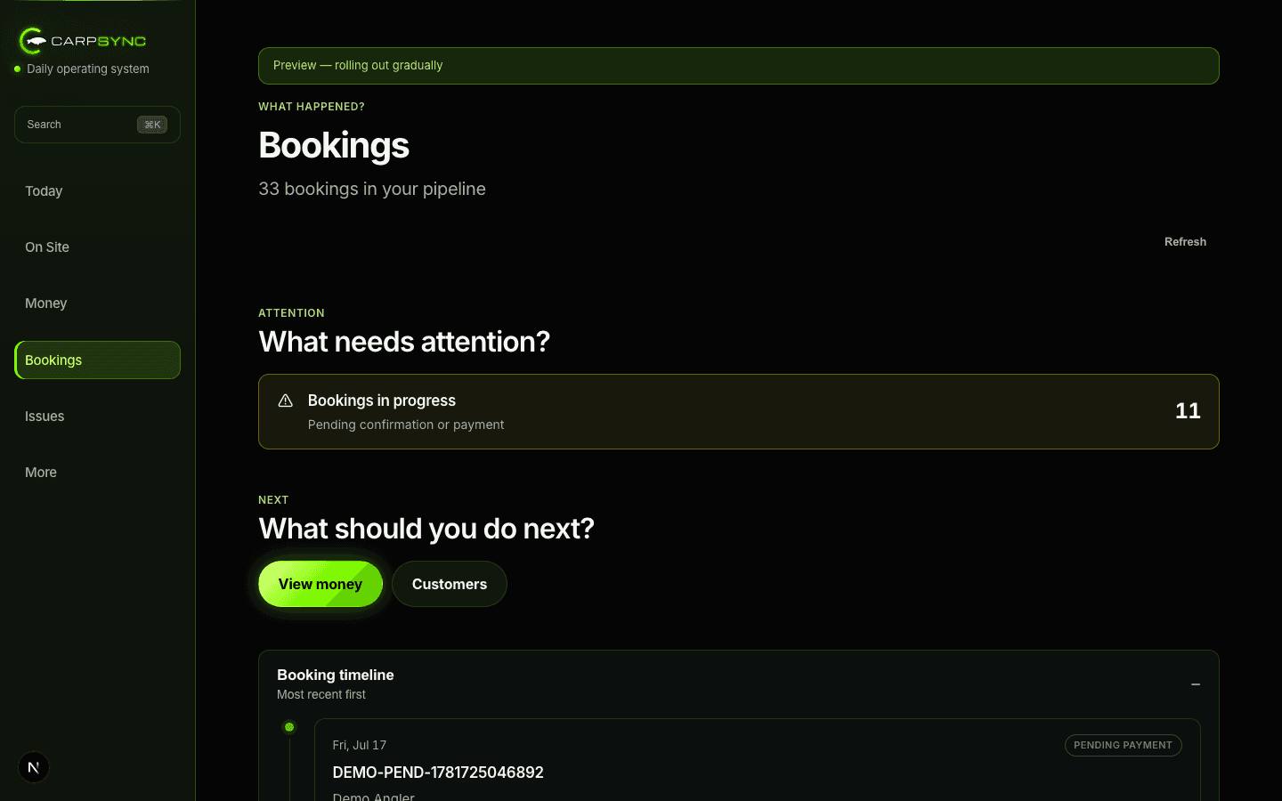CarpSync bookings calendar